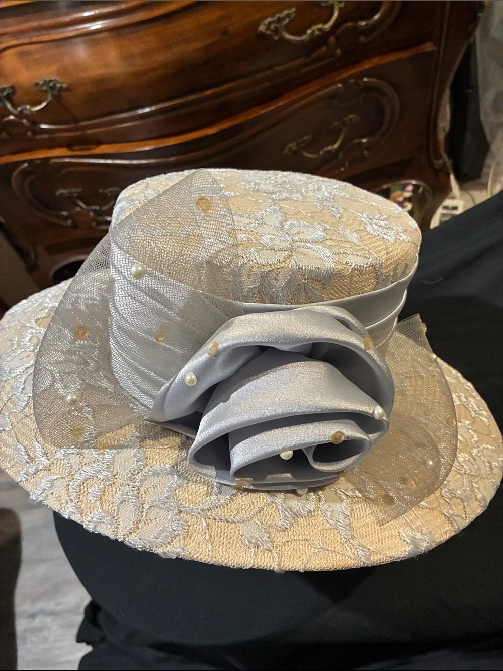 Elegant Designer Beige Straw w/Silver Lace Women's Dress Hat with Satin Rosette